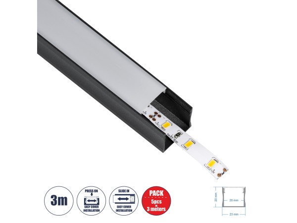 GLOBOSTAR® ALP-LINEAR LIGHTLINE 70869-3M Επιφανειακό Προφίλ Αλουμινίου με Λευκό Γαλακτερό Πατητό Κάλυμμα για Ταινίες LED IP20 - Μαύρο & Λευκό - Μ300 x Π2.3 x Υ2cm - Πακέτο 5 Τεμαχίων