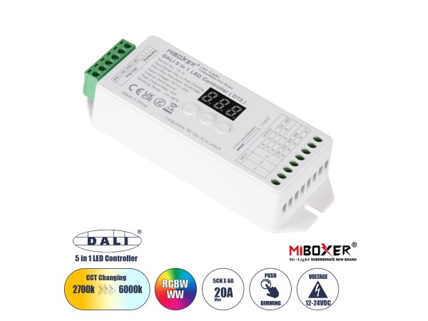 GLOBOSTAR® MiBOXER-DL-X 71423 DC DALI BUS & Push Dimmer / Controller με 5 x 6A 144W Κανάλια DC 12-24V 20A 480W Max IP20 - DALI BUS & Push Dimming - Μ13 x Π5 x Υ2.5cm - 5 Χρόνια Εγγύηση
