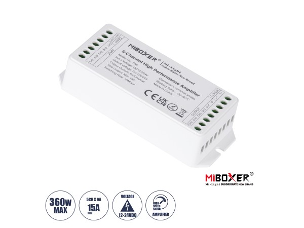GLOBOSTAR® MiBOXER-PA5 71429 DC Ενισχυτής Ισχύος & Σήματος Υψηλής Ταχύτητας με 5 x 6A 144W Κανάλια DC 12-24V 15A 360W Max IP20 - Μ11.4 x Π4.9 x Υ2.8cm - 5 Χρόνια Εγγύηση