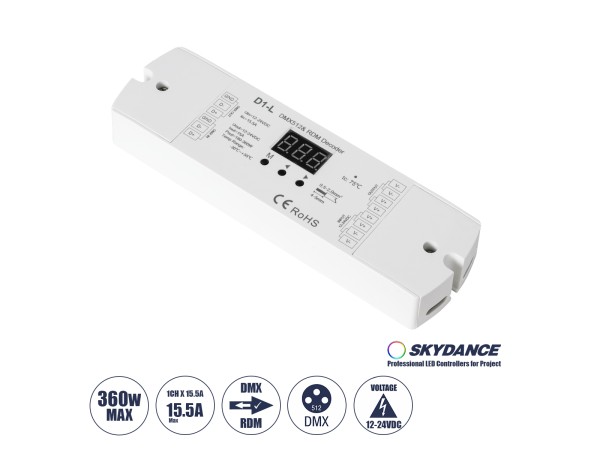 GLOBOSTAR® SKYDANCE-D1-L 71446 DC DMX Master Dimmer / Controller / Decoder Υψηλής Ταχύτητας με 1 x 15.5A 360W Κανάλια DC 12-24V 15.5A 360W Max IP20 - DMX512 & RDM - Μ17 x Π5 x Υ2.5cm - 5 Χρόνια Εγγύηση GLOBOSTAR® SKYDANCE-D1-L 71446 DC DMX Master Dimmer / Controller / Decoder Υψηλής Ταχύτητας με 1 x 15.5A 360W Κανάλια DC 12-24V 15.5A 360W Max IP20 - DMX512 & RDM - Μ17 x Π5 x Υ2.5cm - 5 Χρόνια Εγγύηση