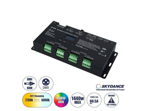 GloboStar® 71451 D12A SKYDANCE DC DMX & RDM Dimmer High Speed Controller / Decoder / Master 12 Καναλιών DC 12-24V 12 x 5A 120W - Max 60.5A 1440W - IP20 Μ25 x Π11.5 x Υ4cm - 5 Years Warranty GloboStar® 71451 D12A SKYDANCE DC DMX & RDM Dimmer High Speed Controller / Decoder / Master 12 Καναλιών DC 12-24V 12 x 5A 120W - Max 60.5A 1440W - IP20 Μ25 x Π11.5 x Υ4cm - 5 Years Warranty