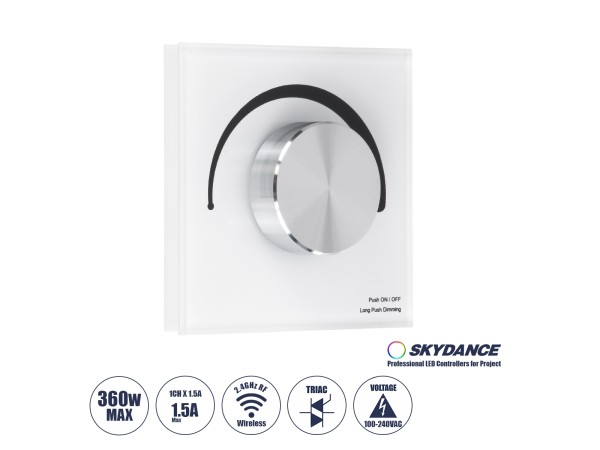 GloboStar® 71454 S1-K SKYDANCE AC Smart RF 2.4Ghz & Ροοστάτη - Push ON/OFF Triac Dimming AC100-240V σε AC100-240V 1 x 1.5A 360W - Max 1.5A 360W - IP20 - Λευκό Σώμα - Μ8.5 x Π8.5 x Υ5cm - 5 Years Warranty