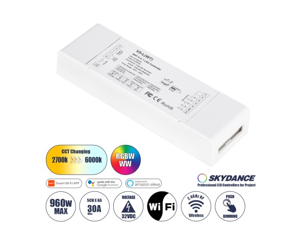 GLOBOSTAR® SKYDANCE-V5-L(WT) 71470 DC WiFi & RF 2.4Ghz & Push Dimmer / Controller με 5 x 6A 288W Κανάλια DC 12-48V 30A 1440W Max IP20 - WiFI & RF 2.4Ghz & Push Dimming - Μ18 x Π5.7 x Υ2.8cm - 5 Χρόνια Εγγύηση