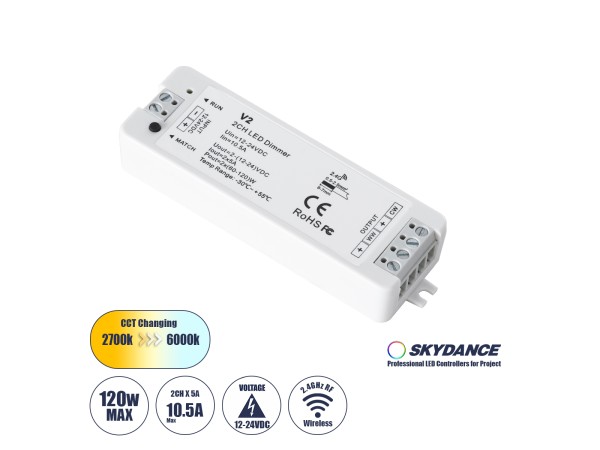 GloboStar® 71564 V2 SKYDANCE DC RF 2.4Ghz Dimmer High Speed Controller 2 Καναλιών DC 12-24V 2 x 5A 120W - Max 10.5A 252W - IP20 Μ10 x Π3.5 x Υ2cm - 5 Years Warranty GloboStar® 71564 V2 SKYDANCE DC RF 2.4Ghz Dimmer High Speed Controller 2 Καναλιών DC 12-24V 2 x 5A 120W - Max 10.5A 252W - IP20 Μ10 x Π3.5 x Υ2cm - 5 Years Warranty
