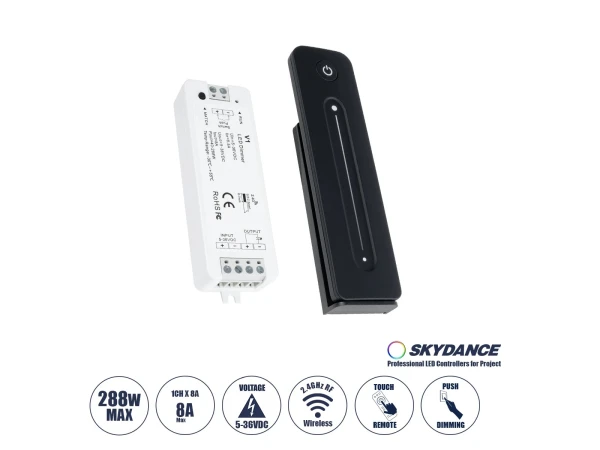 GLOBOSTAR® SKYDANCE-V1+R11 73119 DC RF 2.4Ghz Push Dimmer με RF Ασύρματο Χειριστήριο Αφής με 1 x 8A 288W Κανάλι DC 5-36V 8A 288W Max IP20 - RF 2.4Ghz & Push Dimming - Μ12.2 x Π5.3 x Υ1.7cm - 5 Χρόνια Εγγύηση