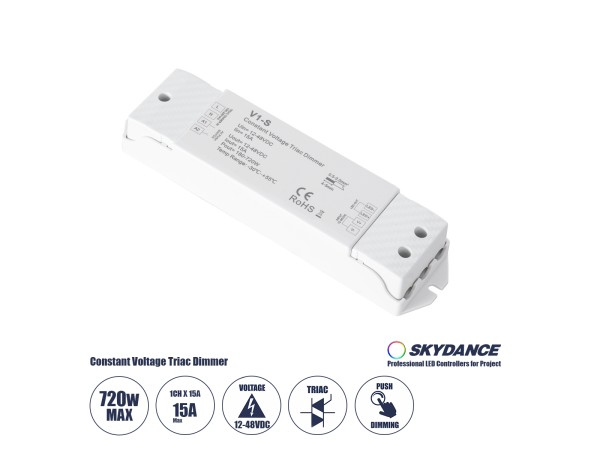 GLOBOSTAR® SKYDANCE-V1-S 73127 DC Triac & Push Dimmer CV Τροφοδοτικό/Μετασχηματιστής SELV με 1 x 15A 720W Κανάλι AC 220-240V σε DC 12-48V 15A 720W Max IP20 - Triac & Push Dimming - Μ17.5 x Π4.5 x Υ2.5cm - 5 Χρόνια Εγγύηση