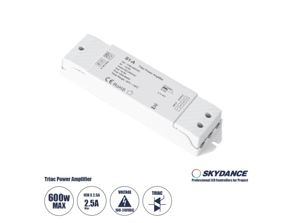 GloboStar® 73128 S1-A SKYDANCE AC Triac Amplifier 1 Κανάλι AC 100-240V 1 x 2.5A 600W - Max 2.5A 600W - IP20 Μ17.5 x Π4.5 x Υ2.5cm - 5 Χρόνια Εγγύηση GloboStar® 73128 S1-A SKYDANCE AC Triac Amplifier 1 Κανάλι AC 100-240V 1 x 2.5A 600W - Max 2.5A 600W - IP20 Μ17.5 x Π4.5 x Υ2.5cm - 5 Χρόνια Εγγύηση