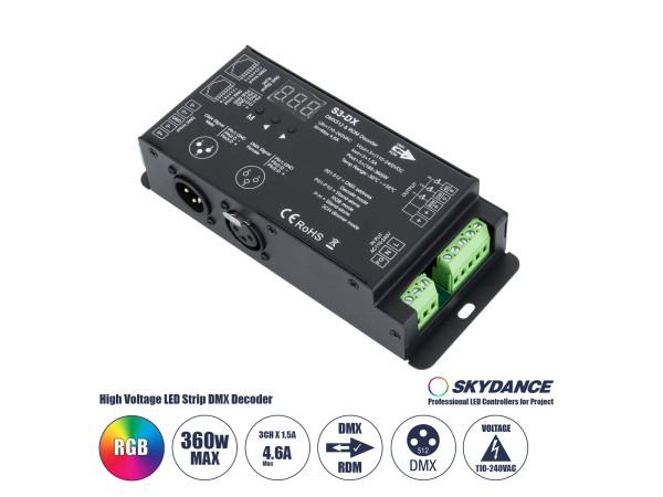 GloboStar® 73144 S3-DX SKYDANCE AC DMX512 High Voltage LED Strip Decoder 3 Καναλιών AC 110-240V 3 x 1.5A 360W - Max 4.6A 360W - IP20 Π16.5 x Π7 x Υ3.7cm - 5 Χρόνια Εγγύηση