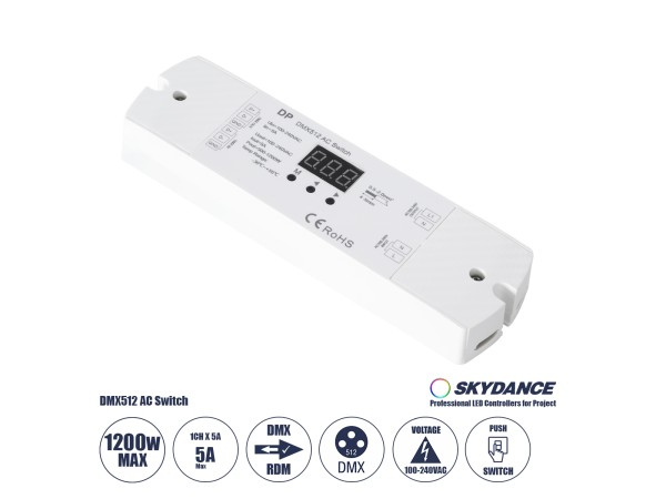 GloboStar® 73156 DP SKYDANCE AC DMX512 Push Switch 1 Κανάλι AC 100-240V 1 x 5A 1200W - Max 5A 1200W - IP20 Μ17 x Π5 x Υ2.5cm - 5 Χρόνια Εγγύηση GloboStar® 73156 DP SKYDANCE AC DMX512 Push Switch 1 Κανάλι AC 100-240V 1 x 5A 1200W - Max 5A 1200W - IP20 Μ17 x Π5 x Υ2.5cm - 5 Χρόνια Εγγύηση