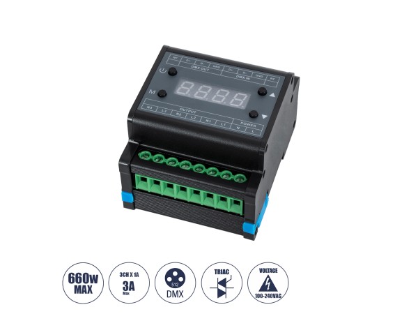GLOBOSTAR® DIMMERAIL 73372 AC Trailing Edge DMX Dimmer Ράγας με 3 x 1A 220W Κανάλια AC 220-240V 3A 660W Max IP20 - DMX512 & RDM - Μ8 x Π9 x Υ6cm - 5 Χρόνια Εγγύηση