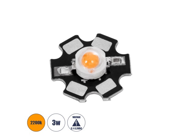 GloboStar® 73756 High Power Star LED - Υψηλής Ισχύος Star LED 3W DC 3.2V Ultra Θερμό Λευκό 2200K Φ2 x Υ0.6cm - 2 Χρόνια Εγγύηση
