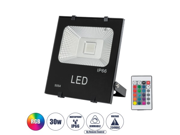 GLOBOSTAR® RGBFLOOD 75601 Προβολέας με IR Ασύρματο Χειριστήριο LED 30W 1950lm 120° AC 220-240V Αδιάβροχο IP66 Πολύχρωμο RGB Dimmable - Μαύρο Ματ - Μ17 x Π4.5 x Υ20cm - 2 Χρόνια Εγγύηση