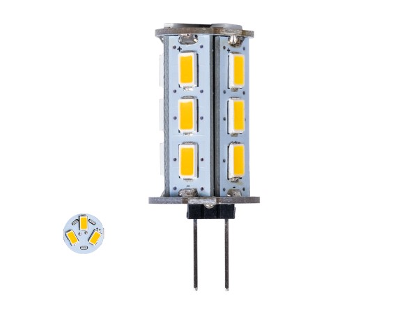 GLOBOSTAR® G4BACK 76134 Λάμπα G4 LED 5W 450lm 320° DC 12-24V IP20 Θερμό Λευκό 2700K Dimmable - Sanan SMD Chip - Back Pin - Μ1.8 x Π1.8 x Υ4.3cm - 2 Χρόνια Εγγύηση