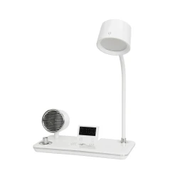 GLOBOSTAR® OLDY 76557 Μοντέρνο Επιτραπέζιο Φωτιστικό Γραφείου με Ασύρματη Φόρτιση 15W 3A, 5W Bluetooth Ηχείο & Ψηφιακό Ρολόι LED 3W 300lm 120° DC 5V με USB-C IP20 Ρυθμιζόμενο Λευκό CCT με Αφή 2700K/4500K/6000K Dimmable - Sanan SMD Chip - Λευκό - Μ13 x Π25