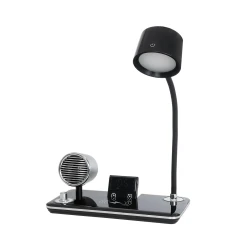 GLOBOSTAR® OLDY 76563 Μοντέρνο Επιτραπέζιο Φωτιστικό Γραφείου με Ασύρματη Φόρτιση 15W 3A, 5W Bluetooth Ηχείο & Ψηφιακό Ρολόι LED 3W 300lm 120° DC 5V με USB-C IP20 Ρυθμιζόμενο Λευκό CCT με Αφή 2700K/4500K/6000K Dimmable - Sanan SMD Chip - Μαύρο - Μ13 x Π25