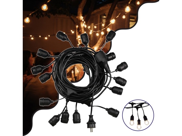GLOBOSTAR® E27GARLAND 78984 Μοντέρνο Φωτιστικό Κήπου Γιρλάντα 15m με Ντουί 15 x E27 & Πρίζα Schuko Επεκτεινόμενη 90° AC 220-240V IP65 - Μαύρο - Μ1500 x Π92 x Υ16cm