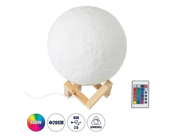 GloboStar® MOON 79607-S Επιτραπέζιο Φωτιστικό LED 3W 150lm 360° DC 5V IP20 RGB Dimmable Λευκό Πλαστικό με Μπεζ Ξύλο - Λειτουργία μόνο σε ρεύμα, χωρίς μπαταρίες - Μ20 x Π20 x Υ23cm - 2 Χρόνια Εγγύηση