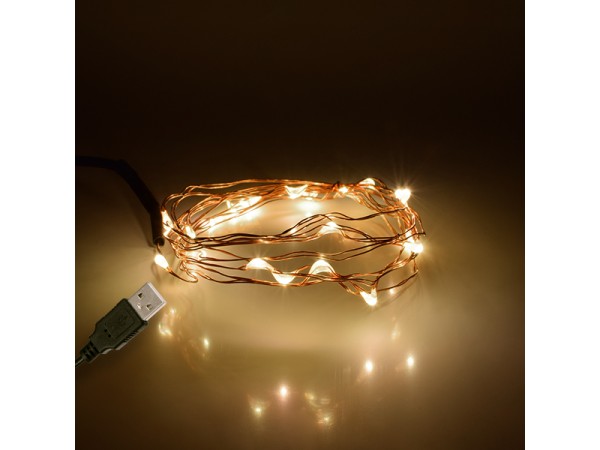 GloboStar® 79720 Διακοσμητική Γιρλάντα 2 Μέτρων 20 LED USB 5 Volt 1.2 Watt με Χάλκινο Συρμάτινο Καλώδιο Θερμό Λευκό 3000K
