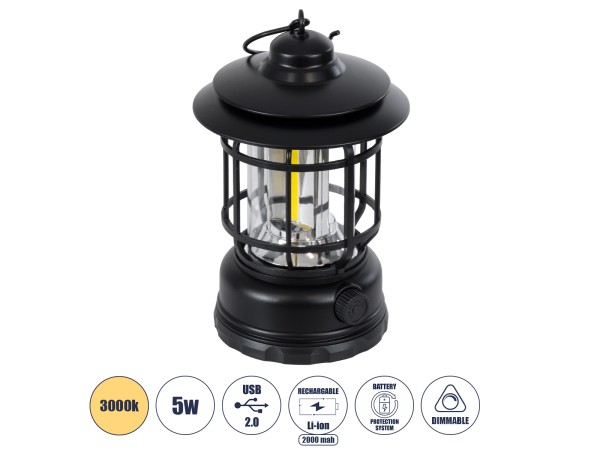 GloboStar® 85692 Αυτόνομο Επαναφορτιζόμενο Φανάρι Camping LED 5W USB 2.0 με Επαναφορτιζόμενη Μπαταρία 1 x 18650 2000mAh Li-ion - IP20 - Dimmable - Μαύρο με Διάφανο Γυαλί - Θερμό Λευκό 3000K Φ12 x Υ17cm