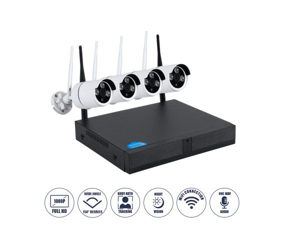 GloboStar® 86037 Ασύρματο Καταγραφικό με 4 x Camera 2MP 1080P WiFi  150° Μοιρών - Αδιάβροχο IP66 - Νυχτερινή Όραση με LED IR - Μονή Κατέυθυνση Ομιλίας - Ανιχνευτή Κίνησης - Νυχτερινή Λήψη - Λευκό