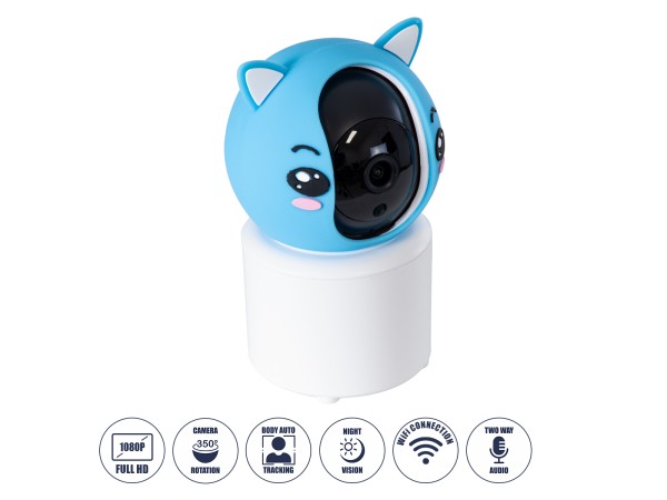 GloboStar® 86079 Επιτραπέζια Κάμερα WiFi HD 1080P 350° Διπλή Κατέυθυνση Ομιλίας & Ανιχνευτή Κίνησης - Απομακρυσμένος Έλεγχος Body Auto Tracking IP20 - Γαλάζιο Λευκό - Φ8 x Υ13cm - 2 Χρόνια Εγγύηση