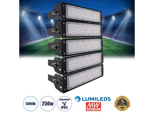 GLOBOSTAR® GOLIATH 90100-5 Προβολέας για Γήπεδα Tennis & Ποδοσφαίρου 5x5 LED 250W 37500lm 75°x135° SDCM<5 Fish Eye Lens AC 220-240V Αδιάβροχο IP65 IK08 Φυσικό Λευκό 5000K - Lumileds SMD Chip & Mean Well Driver - Μαύρο Ματ - Μ32 x Π12 x Υ45cm - 5 Χρόνια Εγ