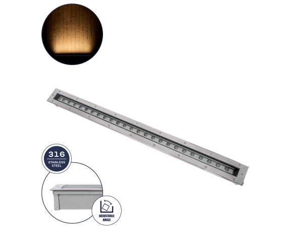 GloboStar® UNDERGROUND-PASSAGGIO 90196 Χωνευτό Φωτιστικό Wall Washer Δαπέδου LED 24W 2160lm 10° DC 24V Αδιάβροχο IP68 με Ρυθμιζόμενη Γωνία Φωτισμού L108 x W9 x H7.5cm Θερμό Λευκό 2700K - Ανοξείδωτο Ατσάλι - 3 Years Warranty