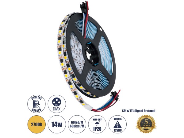 GLOBOSTAR® DIGIPRO 90603 Ψηφιακή Pixel Addressable Ταινία LED 14.4W/m 1296lm/m 120° DC 12V IP20 60 x SMD5050 Chip/m 60 x Pixel/m Θερμό Λευκό 2700K Dimmable SPI/TTL Protocol IC TM1908 - Sanan SMD Chip - Μ500 x Π1 x Υ0.2cm - Ρολό 5 Μέτρων - 5 Χρόνια Εγγύηση GLOBOSTAR® DIGIPRO 90603 Ψηφιακή Pixel Addressable Ταινία LED 14.4W/m 1296lm/m 120° DC 12V IP20 60 x SMD5050 Chip/m 60 x Pixel/m Θερμό Λευκό 2700K Dimmable SPI/TTL Protocol IC TM1908 - Sanan SMD Chip - Μ500 x Π1 x Υ0.2cm - Ρολό 5 Μέτρων - 5 Χρόνια Εγγύηση