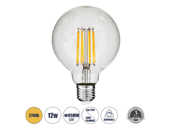 GLOBOSTAR® BUBBLE 99011 Λάμπα E27 G95 LED 12W 1200lm 360° AC 220-240V IP20 Θερμό Λευκό 2700K Dimmable - Long Filament Chip - Διάφανο - Μ9.5 x Π9.5 x Υ13.7cm - 3 Χρόνια Εγγύηση