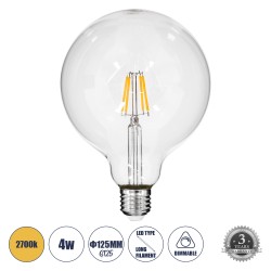 GLOBOSTAR® BUBBLE 99012 Λάμπα E27 G125 LED 4W 400lm 360° AC 220-240V IP20 Θερμό Λευκό 2700K Dimmable - Long Filament Chip - Διάφανο - Μ12.5 x Π12.5 x Υ18cm - 3 Χρόνια Εγγύηση