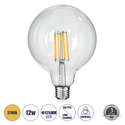 GLOBOSTAR® BUBBLE 99014 Λάμπα E27 G125 LED 12W 1200lm 360° AC 220-240V IP20 Θερμό Λευκό 2700K Dimmable - Long Filament Chip - Διάφανο - Μ12.5 x Π12.5 x Υ18cm - 3 Χρόνια Εγγύηση