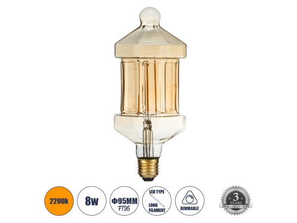 GLOBOSTAR® LANTERN 99026 Λάμπα E27 FT95 LED 8W 650lm 360° AC 220-240V IP20 Ultra Θερμό Λευκό 2200K Dimmable - Long Filament Chip - Μελί - Μ9.5 x Π9.5 x Υ21.5cm - 3 Χρόνια Εγγύηση GLOBOSTAR® LANTERN 99026 Λάμπα E27 FT95 LED 8W 650lm 360° AC 220-240V IP20 Ultra Θερμό Λευκό 2200K Dimmable - Long Filament Chip - Μελί - Μ9.5 x Π9.5 x Υ21.5cm - 3 Χρόνια Εγγύηση
