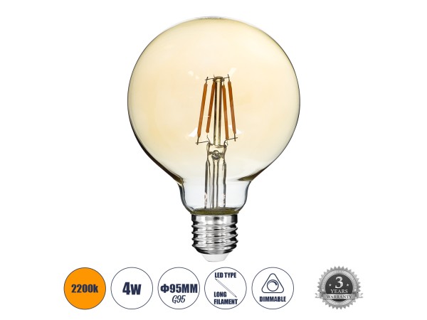 GLOBOSTAR® BUBBLE 99039 Λάμπα E27 G95 LED 4W 350lm 360° AC 220-240V IP20 Ultra Θερμό Λευκό 2200K Dimmable - Long Filament Chip - Μελί - Μ9.5 x Π9.5 x Υ13.7cm - 3 Χρόνια Εγγύηση GLOBOSTAR® BUBBLE 99039 Λάμπα E27 G95 LED 4W 350lm 360° AC 220-240V IP20 Ultra Θερμό Λευκό 2200K Dimmable - Long Filament Chip - Μελί - Μ9.5 x Π9.5 x Υ13.7cm - 3 Χρόνια Εγγύηση