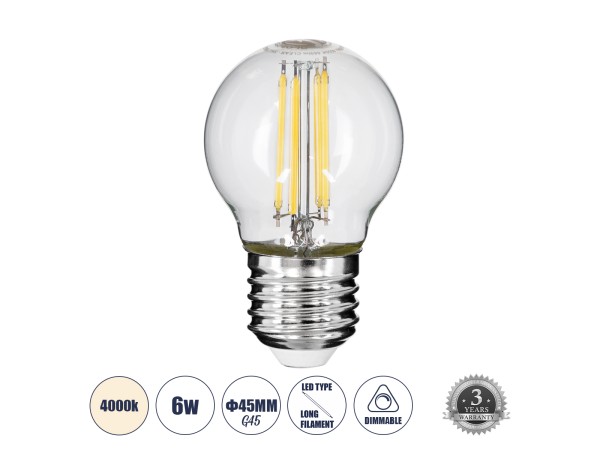 GLOBOSTAR® SPHERE 99052 Λάμπα E27 G45 LED 6W 660lm 360° AC 220-240V IP20 Φυσικό Λευκό 4500K Dimmable - Long Filament Chip -Διάφανο - Μ4.5 x Π4.5 x Υ7.5cm - 3 Χρόνια Εγγύηση