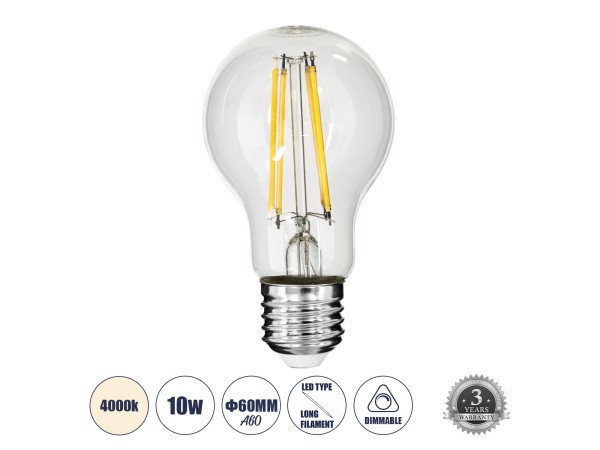 GLOBOSTAR® GLOBE 99053 Λάμπα E27 A60 LED 10W 1100lm 360° AC 220-240V IP20 Φυσικό Λευκό 4500K Dimmable - Long Filament Chip - Διάφανο - Μ6 x Π6 x Υ10.5cm - 3 Χρόνια Εγγύηση GLOBOSTAR® GLOBE 99053 Λάμπα E27 A60 LED 10W 1100lm 360° AC 220-240V IP20 Φυσικό Λευκό 4500K Dimmable - Long Filament Chip - Διάφανο - Μ6 x Π6 x Υ10.5cm - 3 Χρόνια Εγγύηση