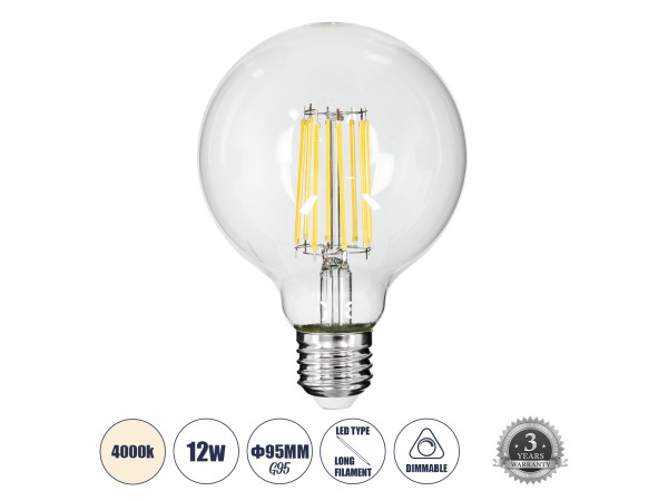 GLOBOSTAR® BUBBLE 99054 Λάμπα E27 G95 LED 12W 1320lm 360° AC 220-240V IP20 Φυσικό Λευκό 4500K Dimmable - Long Filament Chip - Διάφανο - Μ9.5 x Π9.5 x Υ13.5cm - 3 Χρόνια Εγγύηση GLOBOSTAR® BUBBLE 99054 Λάμπα E27 G95 LED 12W 1320lm 360° AC 220-240V IP20 Φυσικό Λευκό 4500K Dimmable - Long Filament Chip - Διάφανο - Μ9.5 x Π9.5 x Υ13.5cm - 3 Χρόνια Εγγύηση