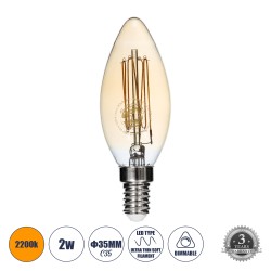 GLOBOSTAR® CANDLE 99058 Λάμπα Κεράκι E14 C35 LED 2W 140lm 360° AC 220-240V IP20 Ultra Θερμό Λευκό 2200K Dimmable - Ultra Thin Soft Spiral Filament Chip - Μελί - Μ3.5 x Π3.5 x Υ10.5cm - 3 Χρόνια Εγγύηση