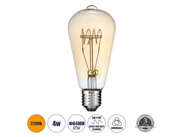 GLOBOSTAR® PEAR 99082 Λάμπα E27 ST64 LED 4W 280lm 360° AC 220-240V IP20 Ultra Θερμό Λευκό 2200K Dimmable - Ultra Thin Soft T Spiral Filament Chip - Μελί - Μ6.4 x Π6.4 x Υ14cm - 3 Χρόνια Εγγύηση GLOBOSTAR® PEAR 99082 Λάμπα E27 ST64 LED 4W 280lm 360° AC 220-240V IP20 Ultra Θερμό Λευκό 2200K Dimmable - Ultra Thin Soft T Spiral Filament Chip - Μελί - Μ6.4 x Π6.4 x Υ14cm - 3 Χρόνια Εγγύηση