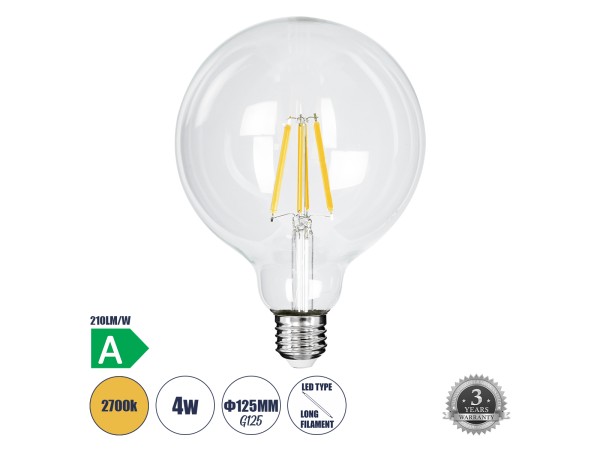 GLOBOSTAR® BUBBLE 99085 Λάμπα E27 G125 LED 4W 840lm 360° AC 220-240V IP20 Θερμό Λευκό 2700K - Long Filament Chip - Διάφανο - Μ12.5 x Π12.5 x Υ13.8cm - 3 Χρόνια Εγγύηση GLOBOSTAR® BUBBLE 99085 Λάμπα E27 G125 LED 4W 840lm 360° AC 220-240V IP20 Θερμό Λευκό 2700K - Long Filament Chip - Διάφανο - Μ12.5 x Π12.5 x Υ13.8cm - 3 Χρόνια Εγγύηση