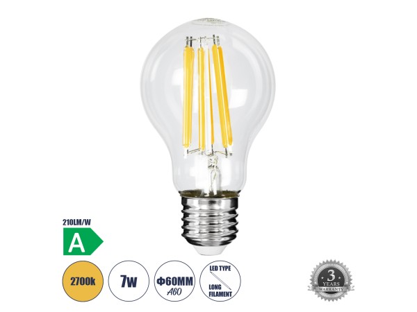 GLOBOSTAR® GLOBE 99087 Λάμπα E27 A60 LED 7W 1470lm 360° AC 220-240V IP20 Θερμό Λευκό 2700K - Long Filament Chip - Διάφανο - Μ6 x Π6 x Υ11cm - 3 Χρόνια Εγγύηση GLOBOSTAR® GLOBE 99087 Λάμπα E27 A60 LED 7W 1470lm 360° AC 220-240V IP20 Θερμό Λευκό 2700K - Long Filament Chip - Διάφανο - Μ6 x Π6 x Υ11cm - 3 Χρόνια Εγγύηση