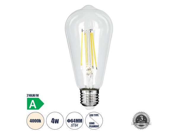 GLOBOSTAR® PEAR 99094 Λάμπα E27 ST64 LED 4W 840lm 360° AC 220-240V IP20 Φυσικό Λευκό 4500K - Long Filament Chip - Διάφανο - Μ6.4 x Π6.4 x Υ14.5cm - 3 Χρόνια Εγγύηση GLOBOSTAR® PEAR 99094 Λάμπα E27 ST64 LED 4W 840lm 360° AC 220-240V IP20 Φυσικό Λευκό 4500K - Long Filament Chip - Διάφανο - Μ6.4 x Π6.4 x Υ14.5cm - 3 Χρόνια Εγγύηση