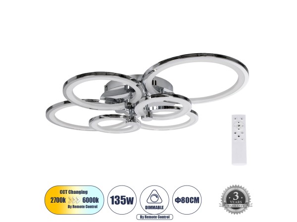 GLOBOSTAR® ROYAL-R 61324 Μοντέρνο Φωτιστικό Οροφής LED 135W 16200lm 360° AC 220-240V IP20 Ρυθμιζόμενο Λευκό CCT με Χειριστήριο από 2700K έως 6000K Dimmable - Lumileds SMD Chip - Ασημί Νίκελ - Μ80.5 x Π59 x Υ12cm - 3 Χρόνια Εγγύηση GLOBOSTAR® ROYAL-R 61324 Μοντέρνο Φωτιστικό Οροφής LED 135W 16200lm 360° AC 220-240V IP20 Ρυθμιζόμενο Λευκό CCT με Χειριστήριο από 2700K έως 6000K Dimmable - Lumileds SMD Chip - Ασημί Νίκελ - Μ80.5 x Π59 x Υ12cm - 3 Χρόνια Εγγύηση