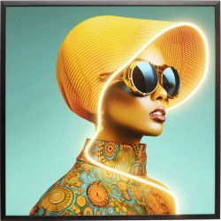 Πίνακας Καμβάς Sun Hat Woman Yellow LED Κίτρινο/Μπλε 80x80εκ. - Μπλε