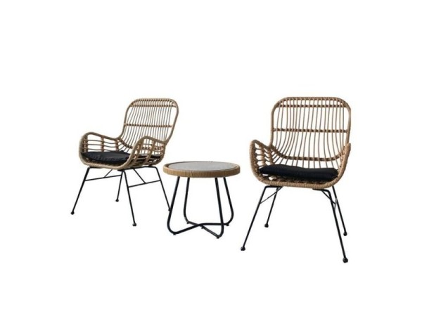 Artekko Σετ/3 πλαστ. rattan 2 καρέκλες με μαξιλάρι (56x57x87)cm και τραπεζάκι με τζάμι (45x45x44)cm