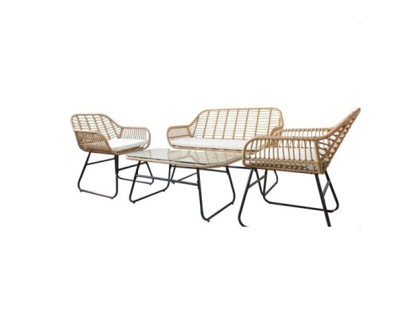 Artekko Σετ/4 πλαστ. rattan διθέσιος καναπές (125x70x79)cm 2 καρέκλες με μαξιλάρι (67x70x79)cm και τραπεζάκι με τζάμι (100x55x44)cm