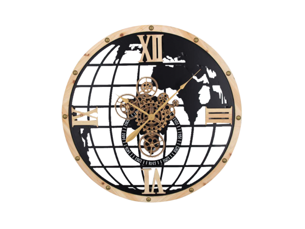 Ρολόι Τοίχου Με Κινούμενα Γρανάζια Χάρτης Μαύρο 70x8x70εκ.